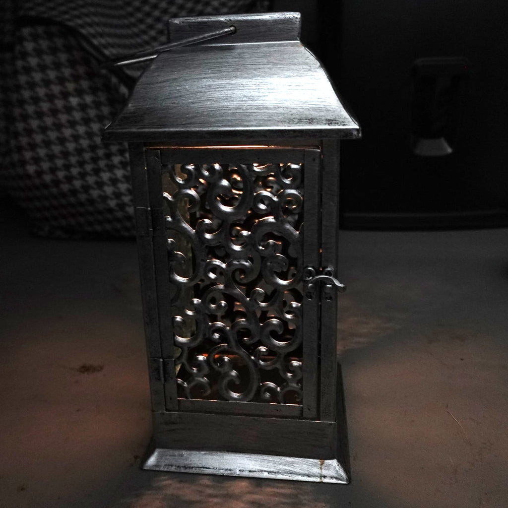 Barbara King 12" Solar Powered Embossed Glass Metal Lantern Silver NEW