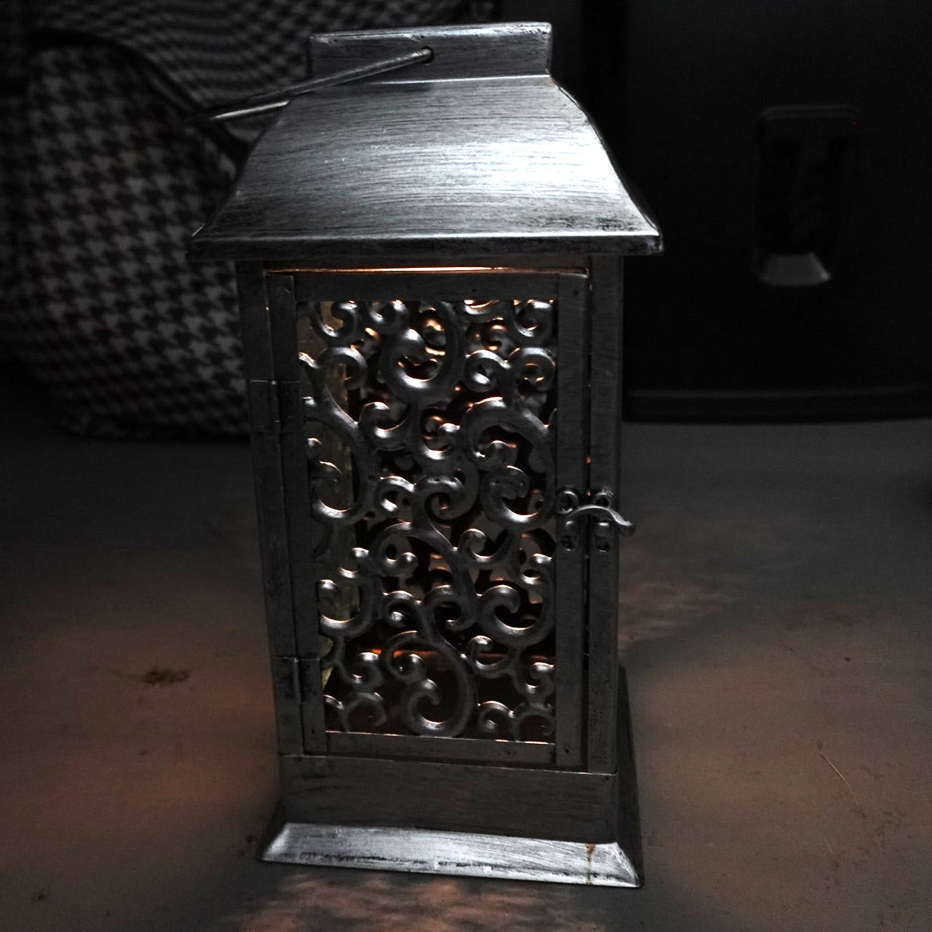 Barbara King 12" Solar Powered Embossed Glass Metal Lantern Silver NEW