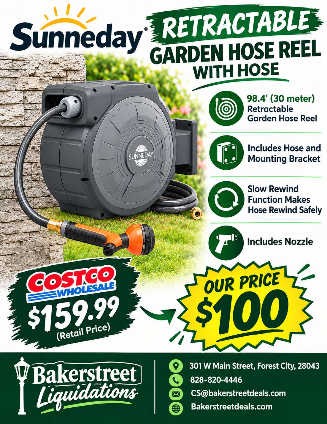 New Sunneday Retractable Garden Hose Reel With Hose &  Nozzle