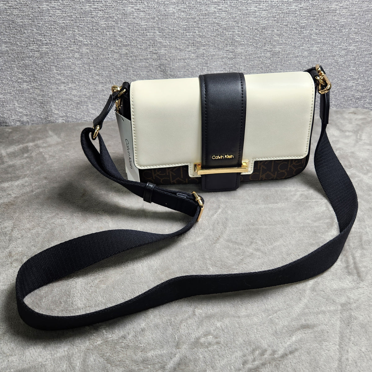 Calvin Klein OTLT Crossbody Bag Black Cream CK Monogram H1AHQQ2 New