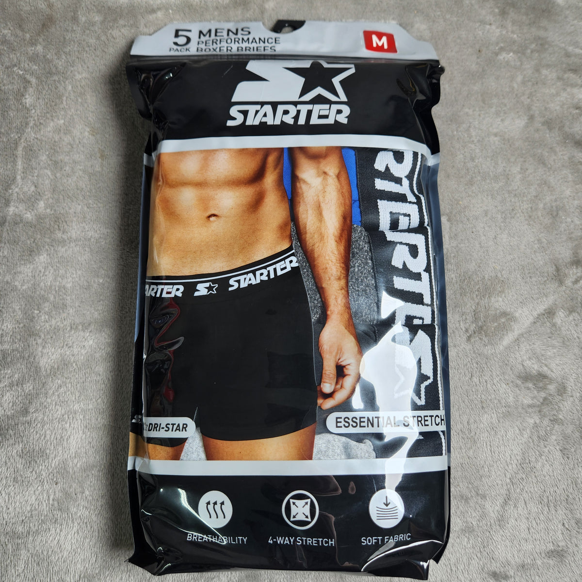 Starter Men's Performance Boxer Briefs Size Medium 5 Pack Black, Olympic Blue, Carbon