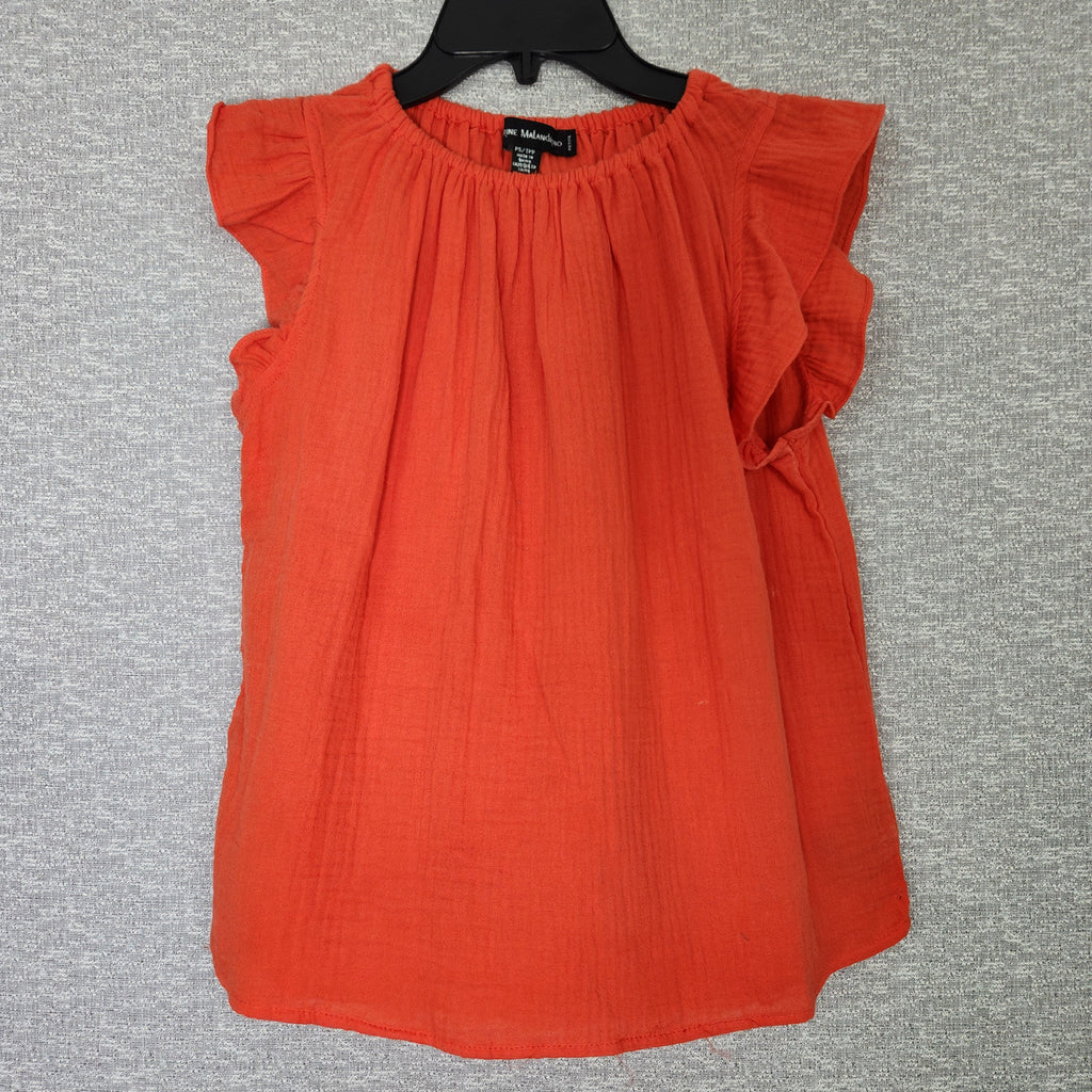 Catherine Malandrino Women's Cotton Petite Small Orange/Red Crinkle Gauze Top Ruffle Cap Sleeves Preowned