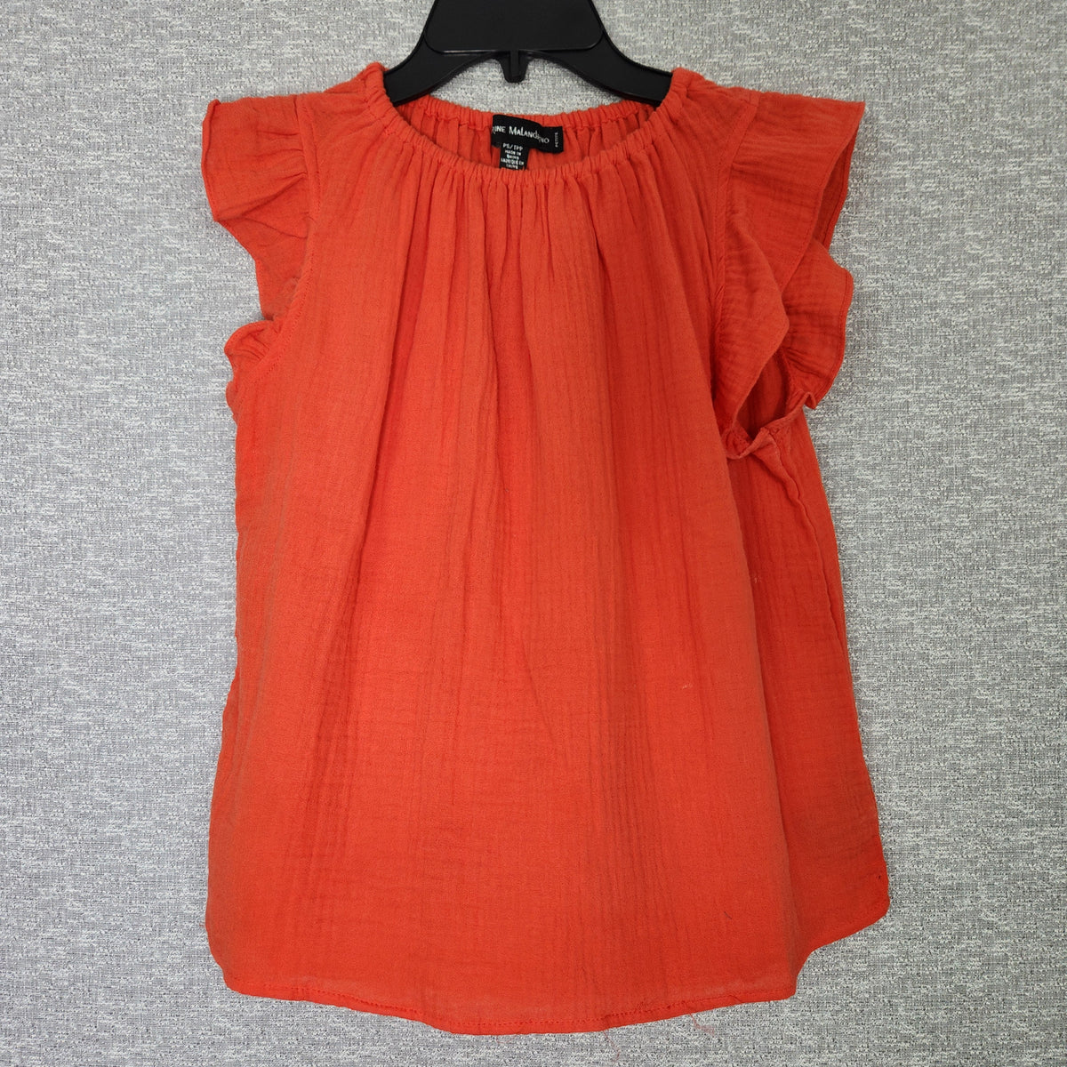 Catherine Malandrino Women's Cotton Petite Small Orange/Red Crinkle Gauze Top Ruffle Cap Sleeves Preowned
