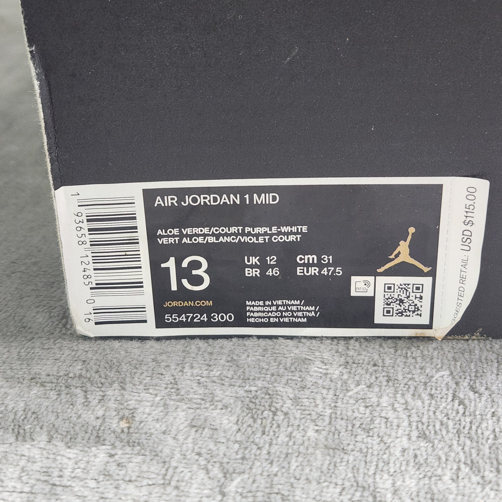 Air Jordan 1 Mid Hulk Aloe Verde Court Purple White Size 13 554724 300