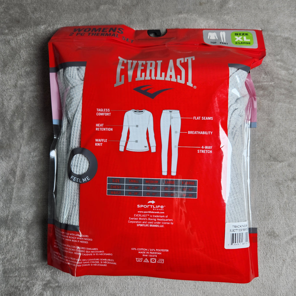 Everlast Women's XL Thermal Waffle Knit 2 PC Set Gray Long Sleeve Top Pants EVL4970