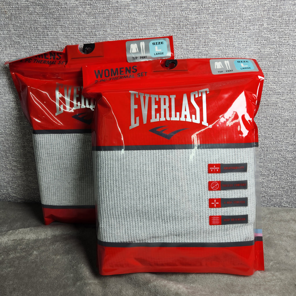 Everlast Women's Large Thermal Waffle Knit 2 PC Set Gray Long Sleeve Top Pants EVL4970