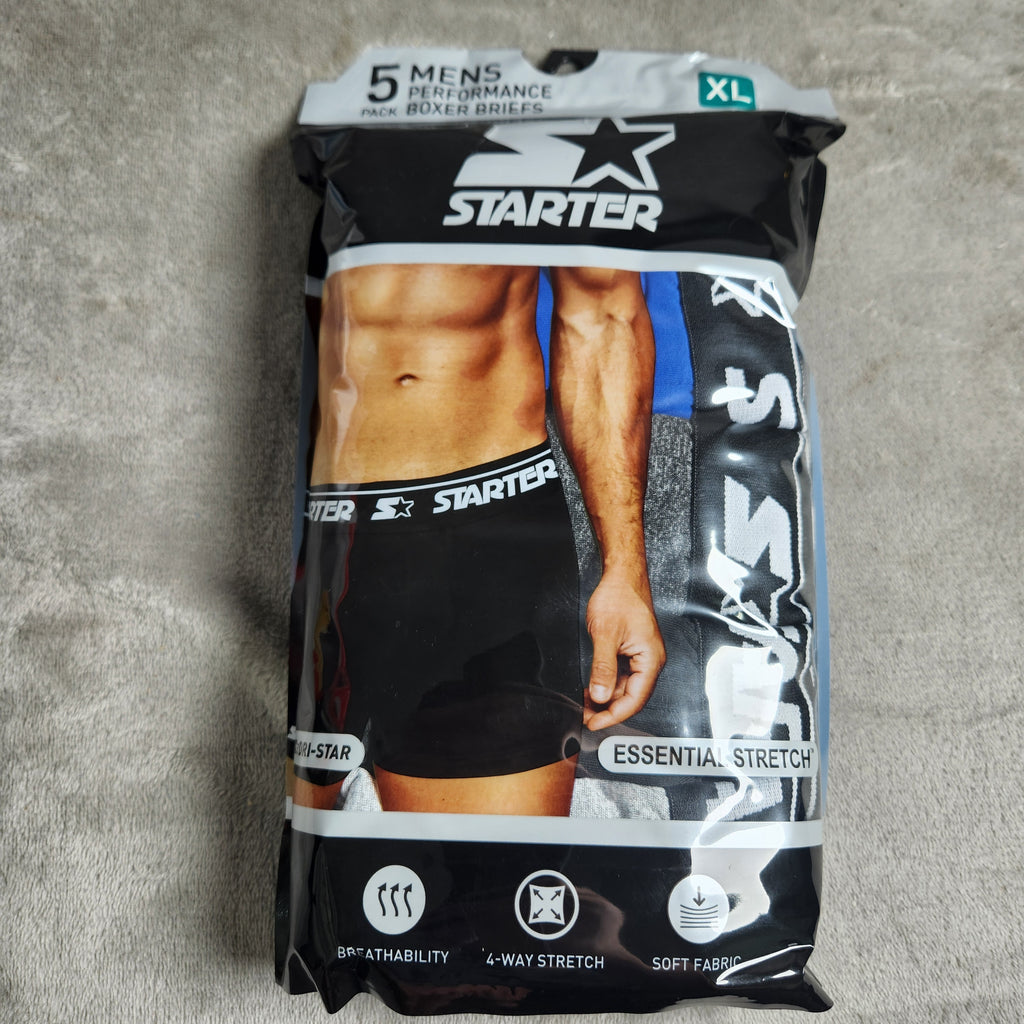 Starter Men's Performance Boxer Briefs Size XL 5 Pack Black, Olympic Blue, Carbon