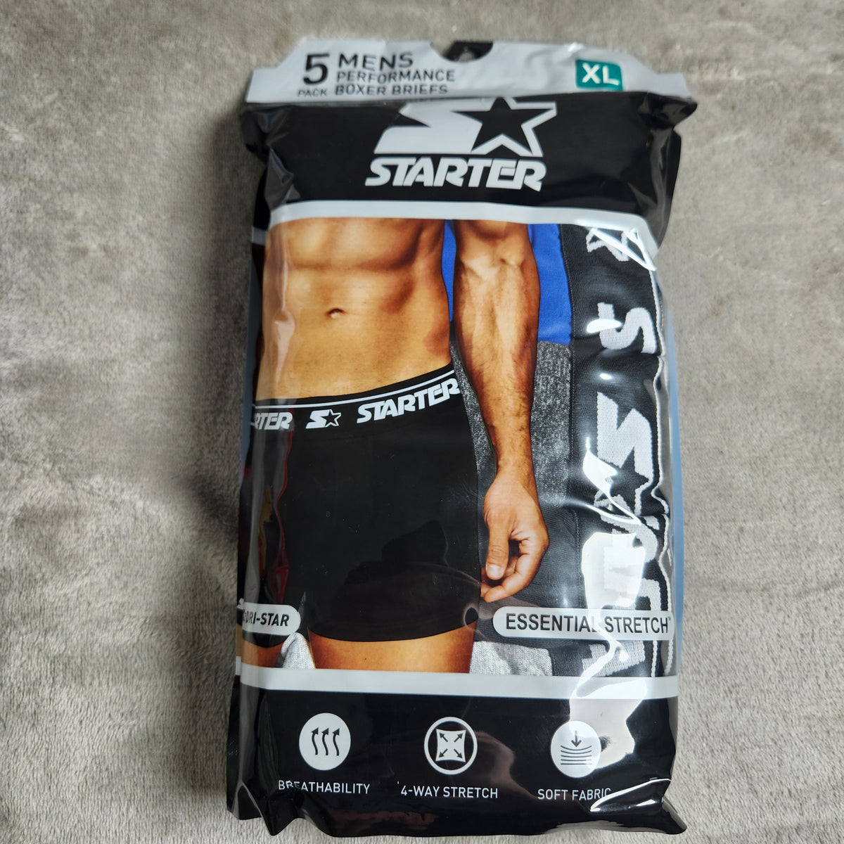 Starter Men's Performance Boxer Briefs Size XL 5 Pack Black, Olympic Blue, Carbon