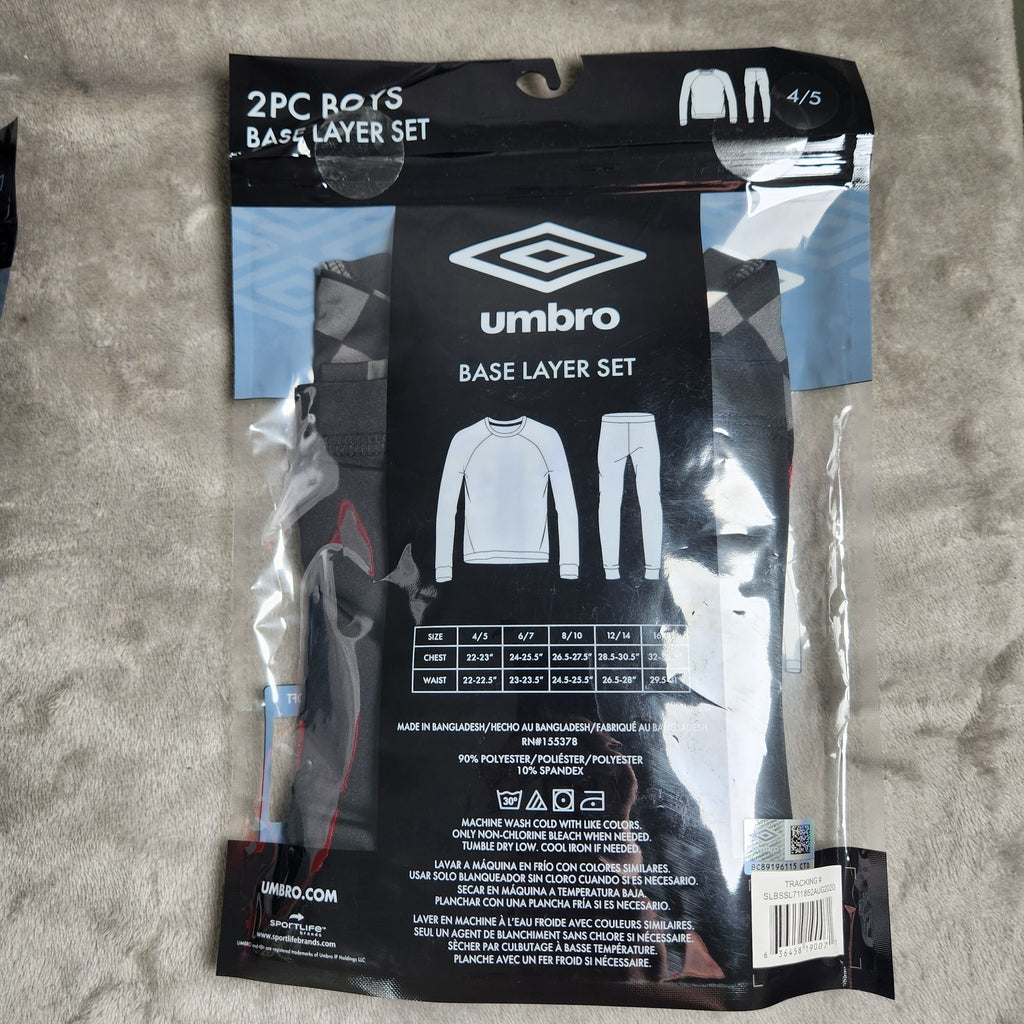 Umbro Boys Size 4/5 New 2 Piece Base Layer Set Black w/ Red Logo