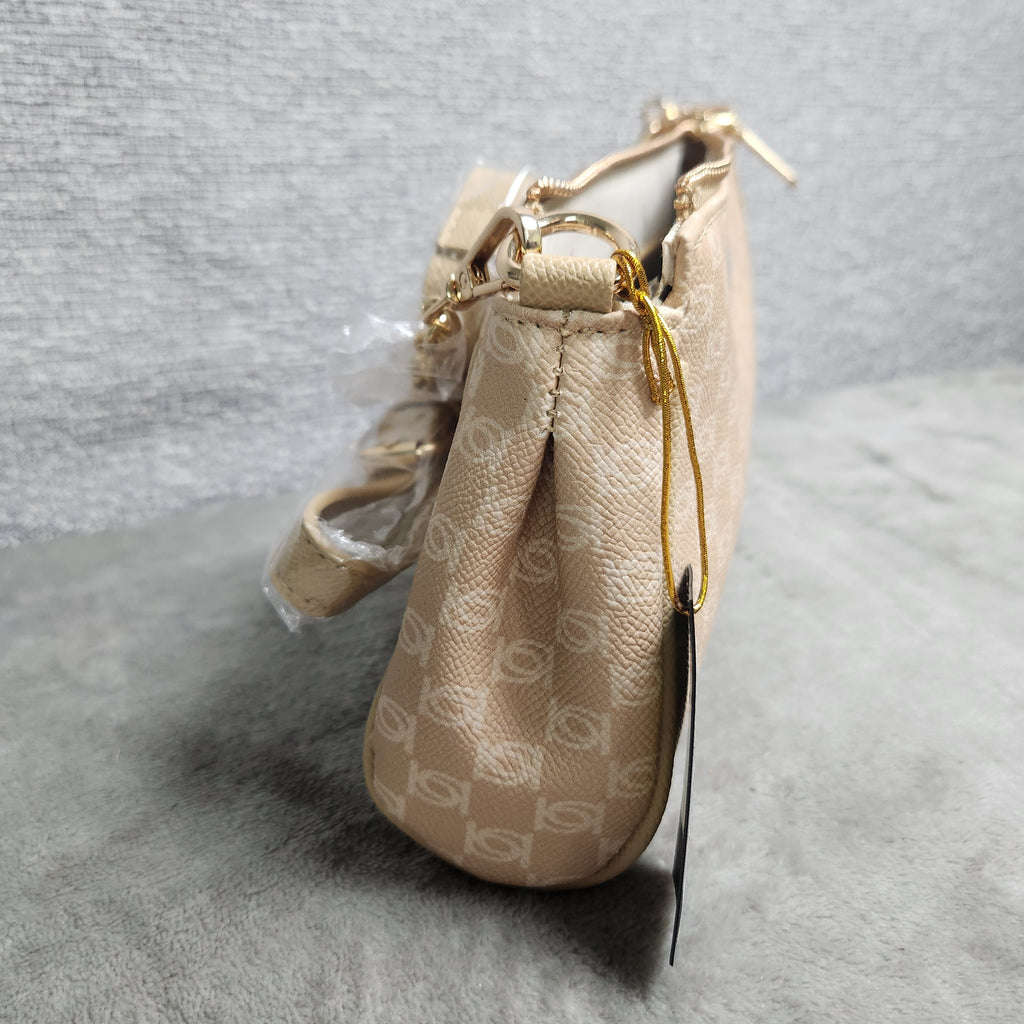 Bebe Adela Monogram Baguette Crossbody Beige E02-5307PM New