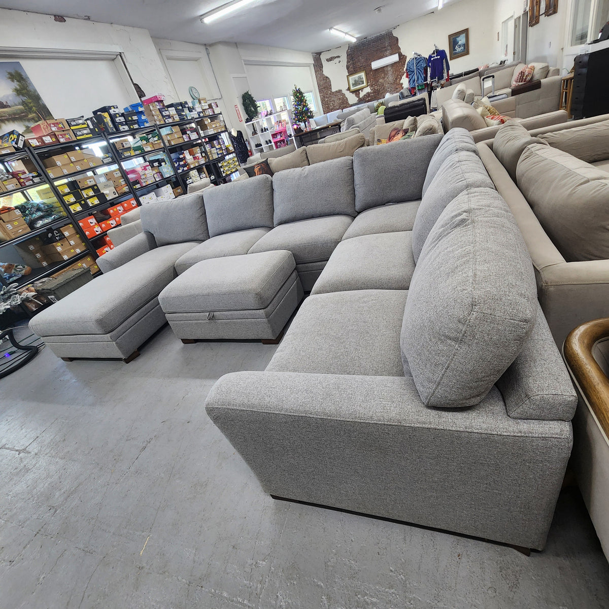 Thomasville Langdon Fabric Sectional with Chaise and Storage Ottoman, Gray
