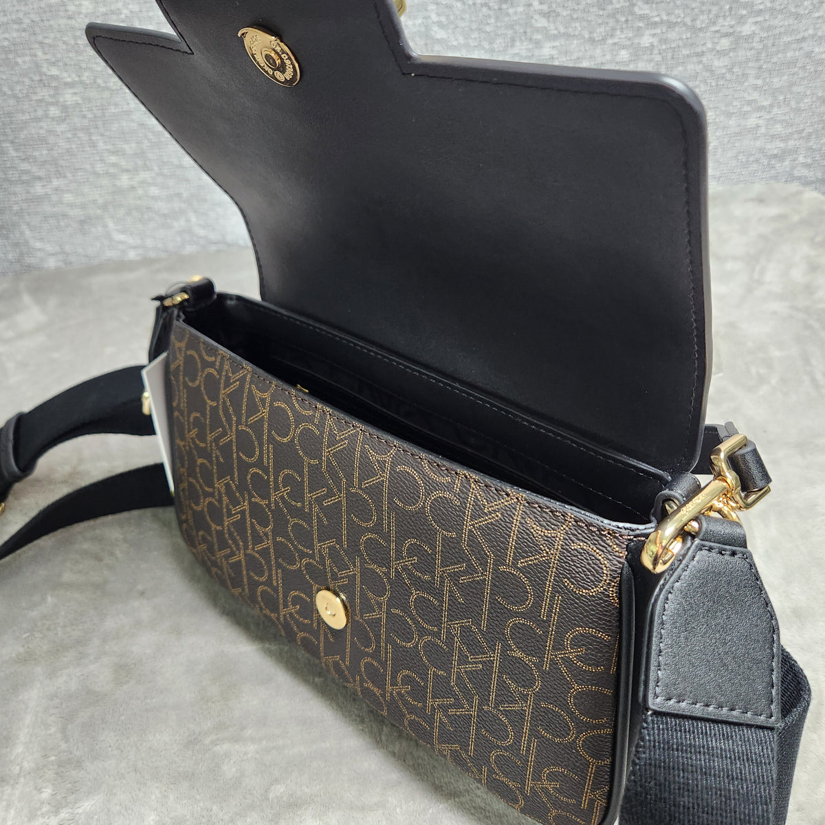 Calvin Klein OTLT Crossbody Bag Black Cream CK Monogram H1AHQQ2 New