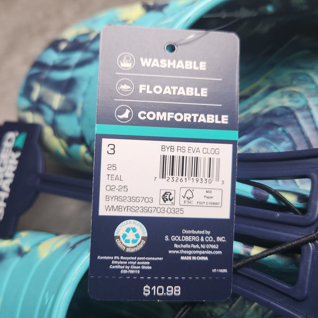 Rugged Shark Kids Size 3 Teal EVA Clogs Water Shoes Slip On Sandals