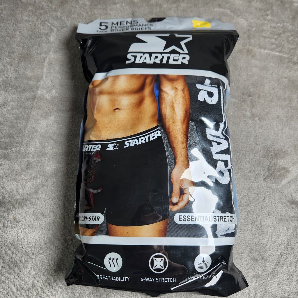 Starter Men's Performance Boxer Briefs Size Large 5 Pack Black, Olympic Blue, Carbon
