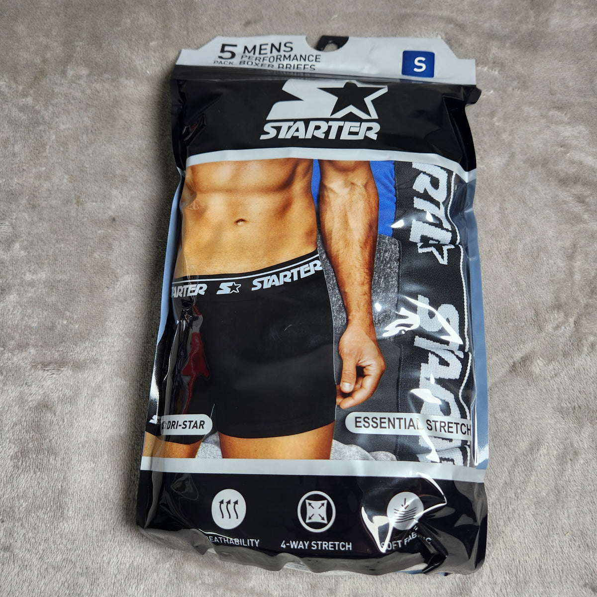 Starter Men's Performance Boxer Briefs Size Small 5 Pack Black, Olympic Blue, Carbon