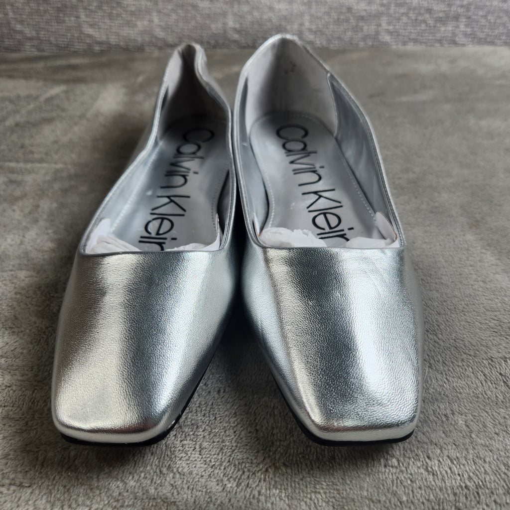 Calvin Klein Nyta Womens Size 5.5M Square-Toe Ballet / Dress flats Silver