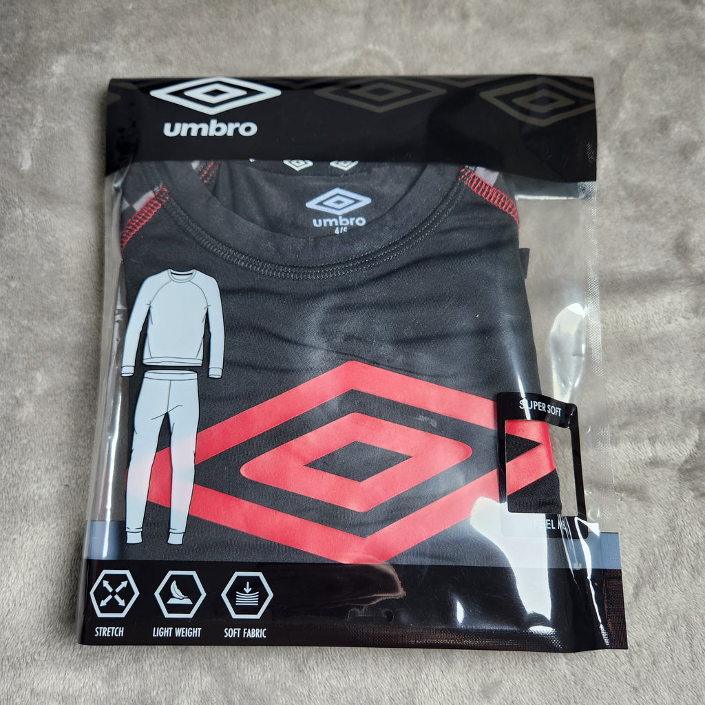 Umbro Boys Size 4/5 New 2 Piece Base Layer Set Black w/ Red Logo