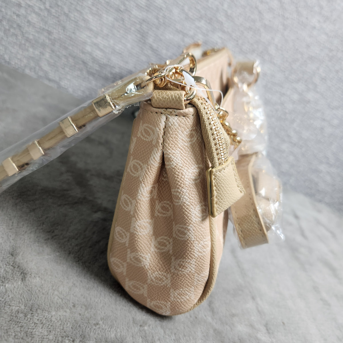 Bebe Adela Monogram Baguette Crossbody Beige E02-5307PM New