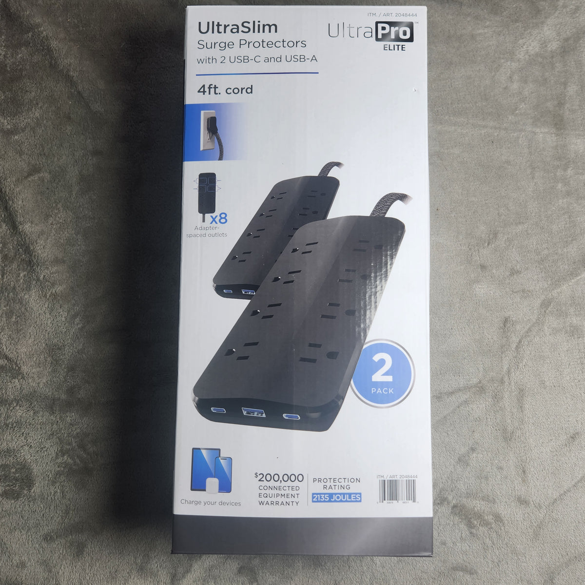 UltraPro Elite UltraSlim Surge Protectors w/ 2 USB-C & A Ports 2 Pack