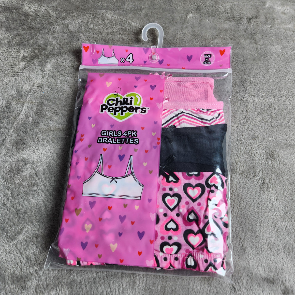 Chili Peppers Size XL 4 Pack Girls Bralettes