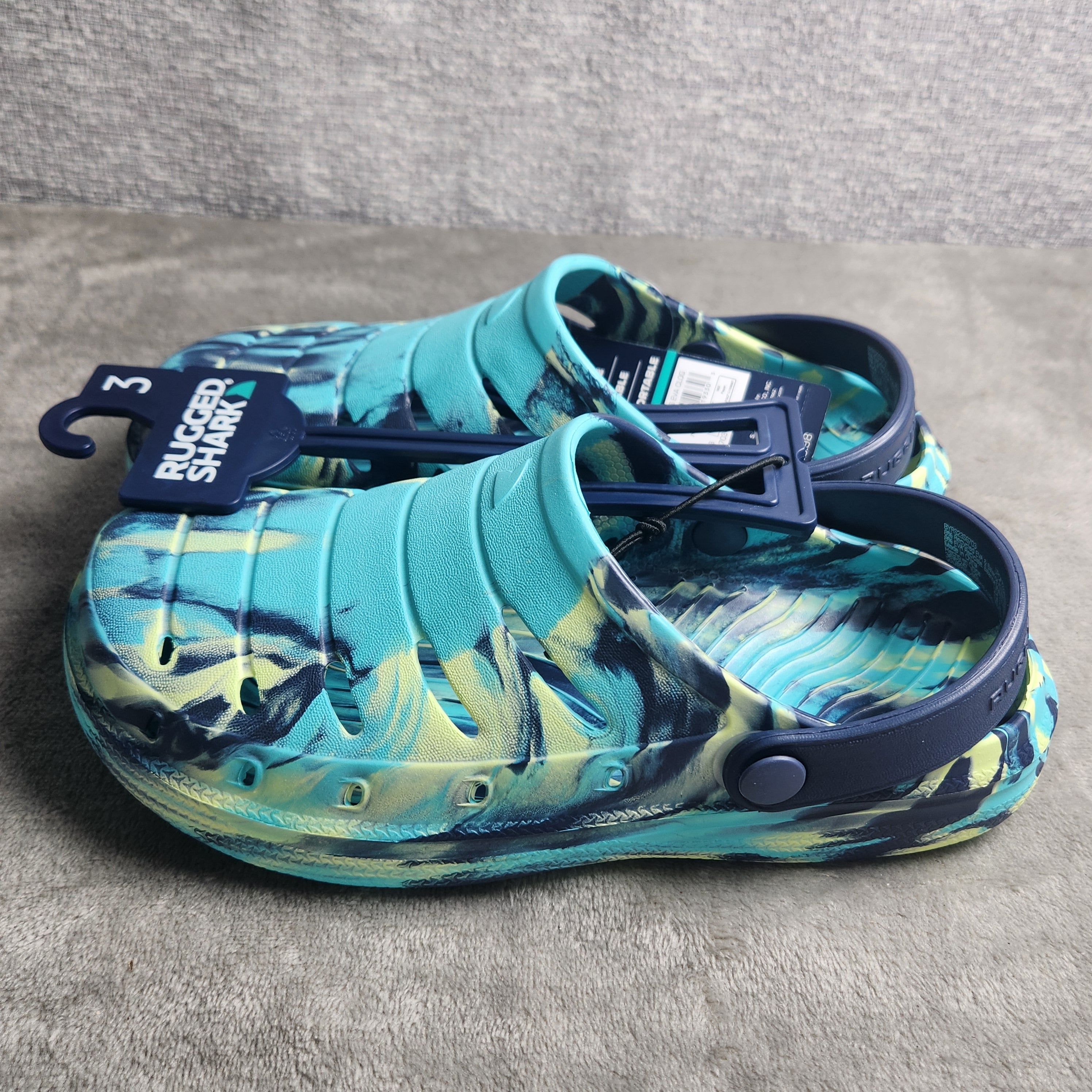 Rugged Shark Kids Size 3 Teal EVA Clogs Water Shoes Slip On Sandals