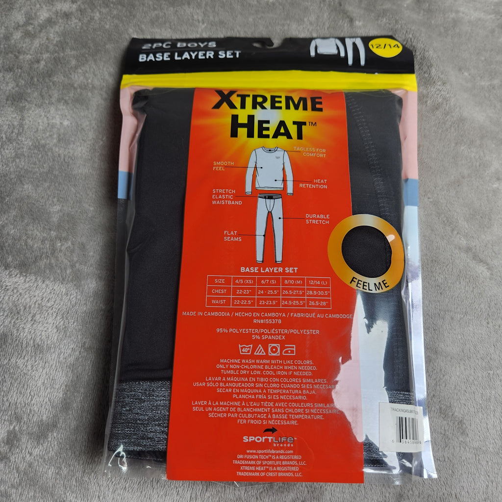 Xtreme Heat Boys Size 12/14 2 Pc Base Layer Set Long Sleeve Top & Bottom Black
