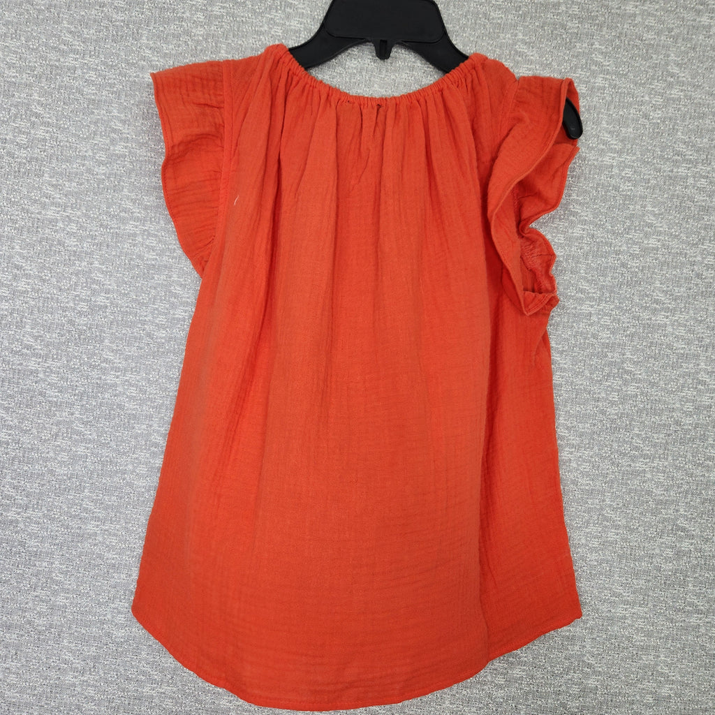 Catherine Malandrino Women's Cotton Petite Small Orange/Red Crinkle Gauze Top Ruffle Cap Sleeves Preowned