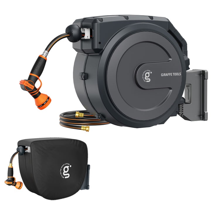 Giraffe Tools Retractable Garden Hose Reel 5/8 in, 82 ft with Metal Bracket and Cover