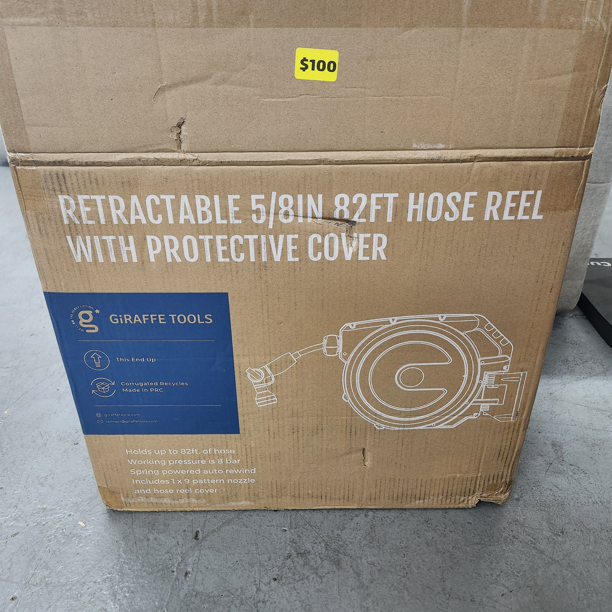 Giraffe Tools Retractable Garden Hose Reel 5/8 in, 82 ft with Metal Bracket and Cover