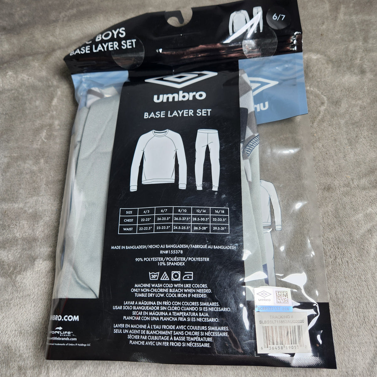Umbro Boys Size 6/7 New 2 Piece Base Layer Set w/ Gray Blue Logo