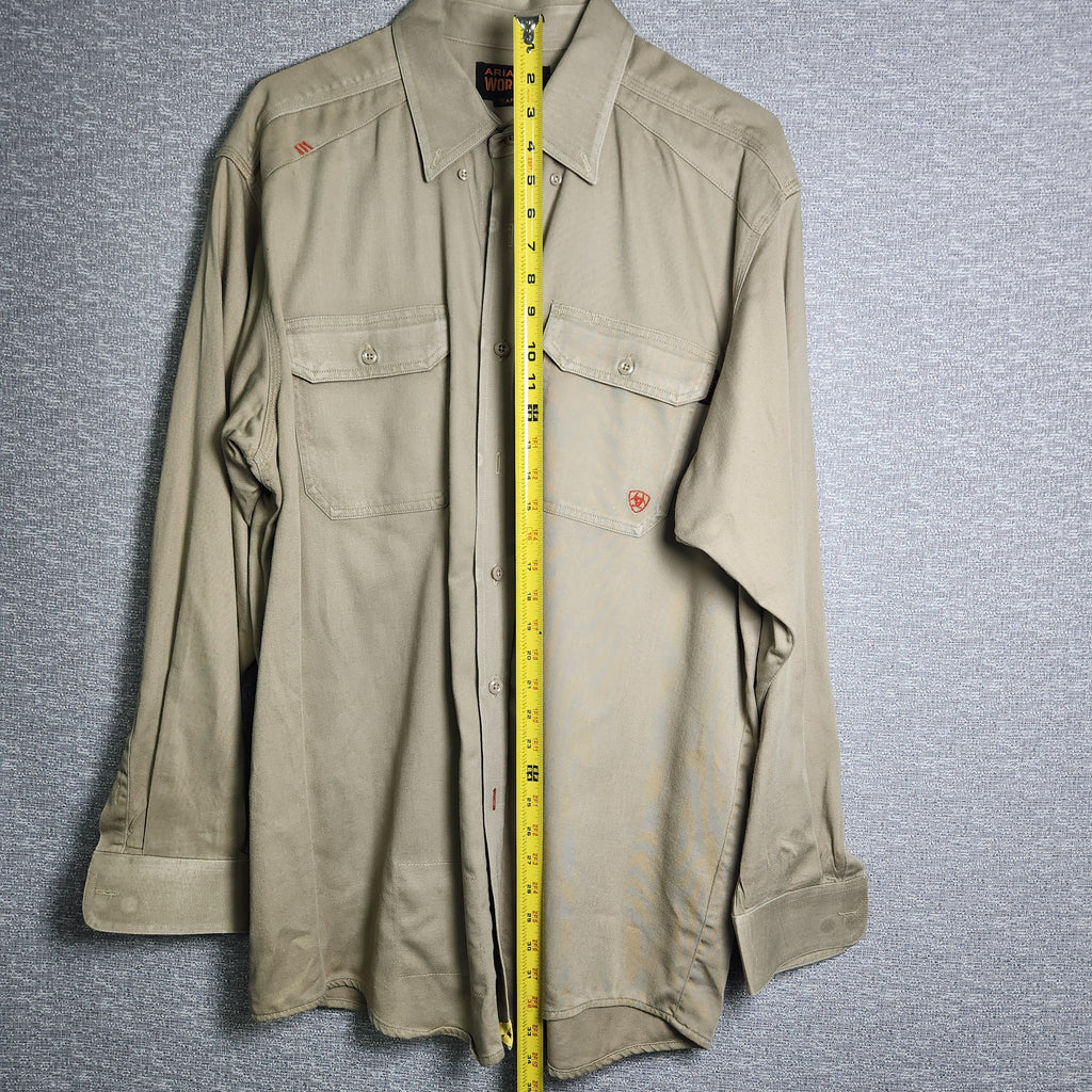 Ariat Men's Work FR Flame Resistant Button Up Work Shirt Tan Size XL NFPA 2112 Used