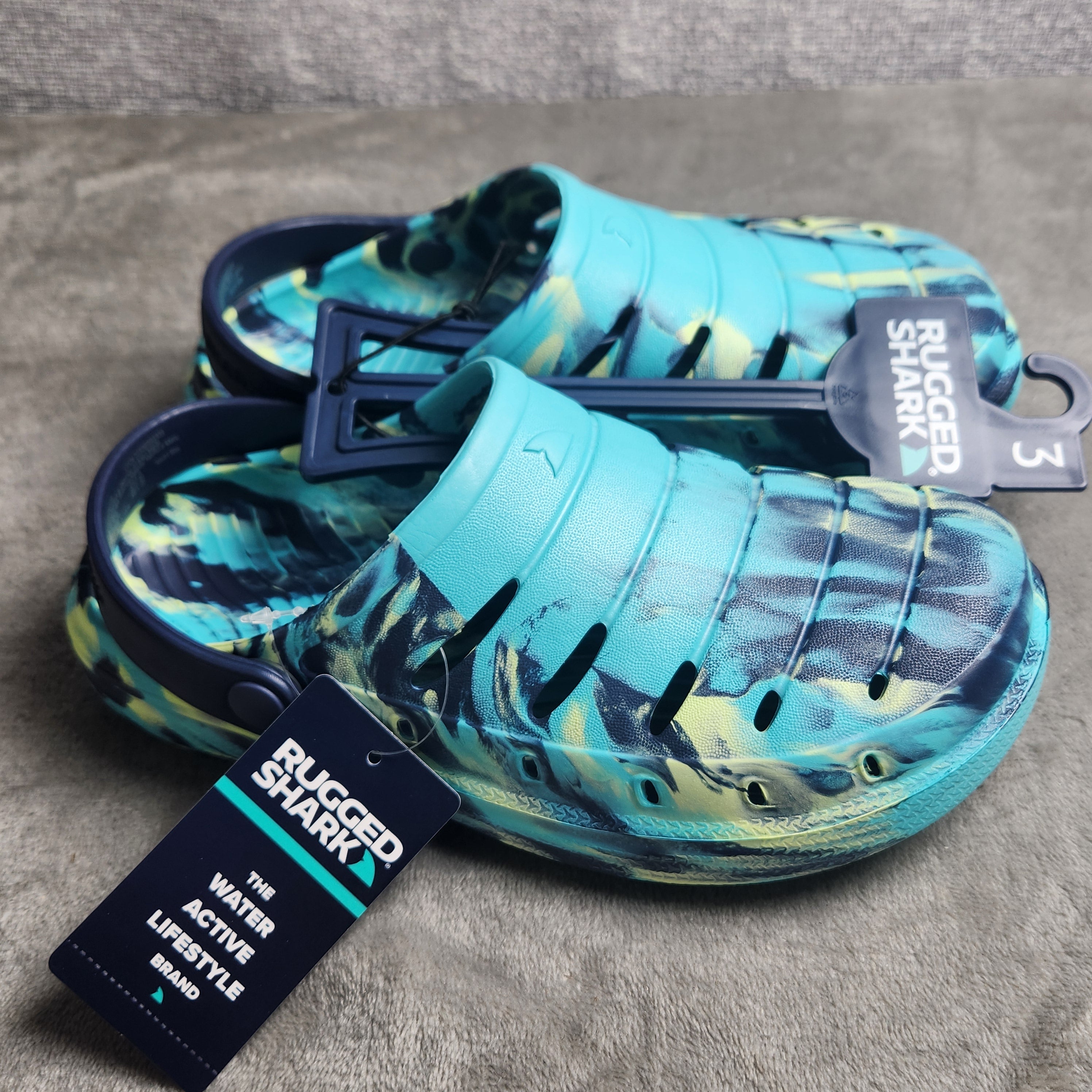Rugged Shark Kids Size 3 Teal EVA Clogs Water Shoes Slip On Sandals