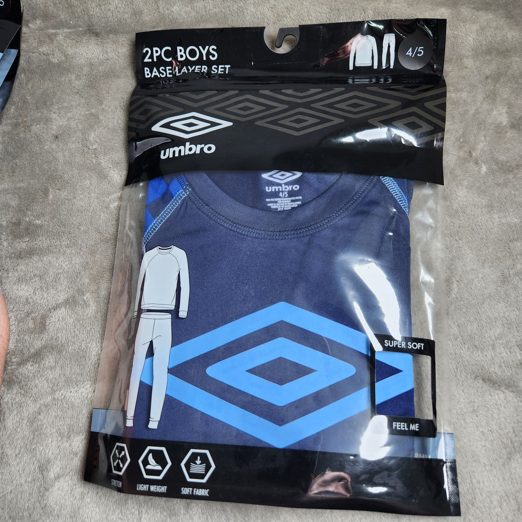 Umbro Boys Size 4/5 New 2 Piece Base Layer Set Dark Blue w/ Blue Logo