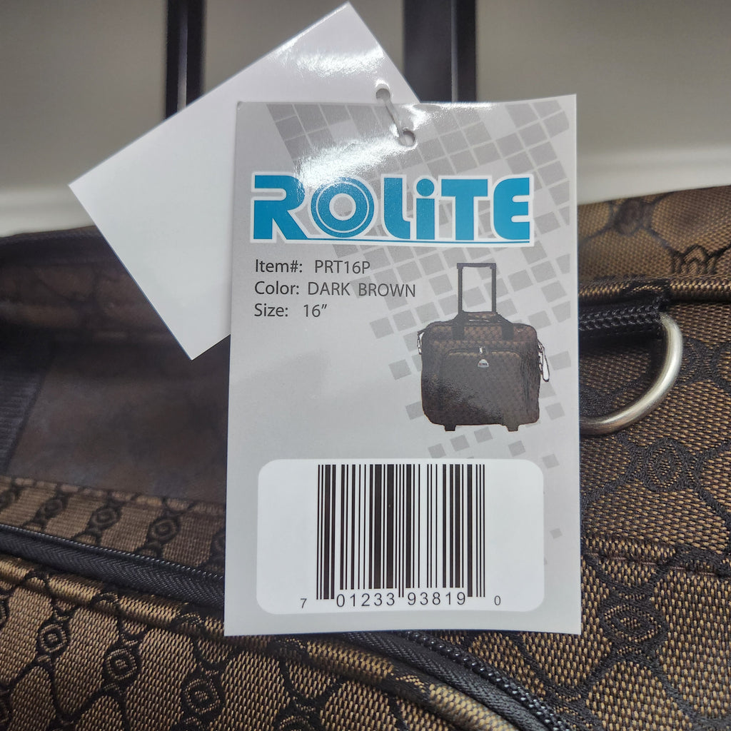 Rolite PRT16P 16 Inch Dark Brown Rolling Luggage Bag Monogram Pattern Wheeled Carry On New
