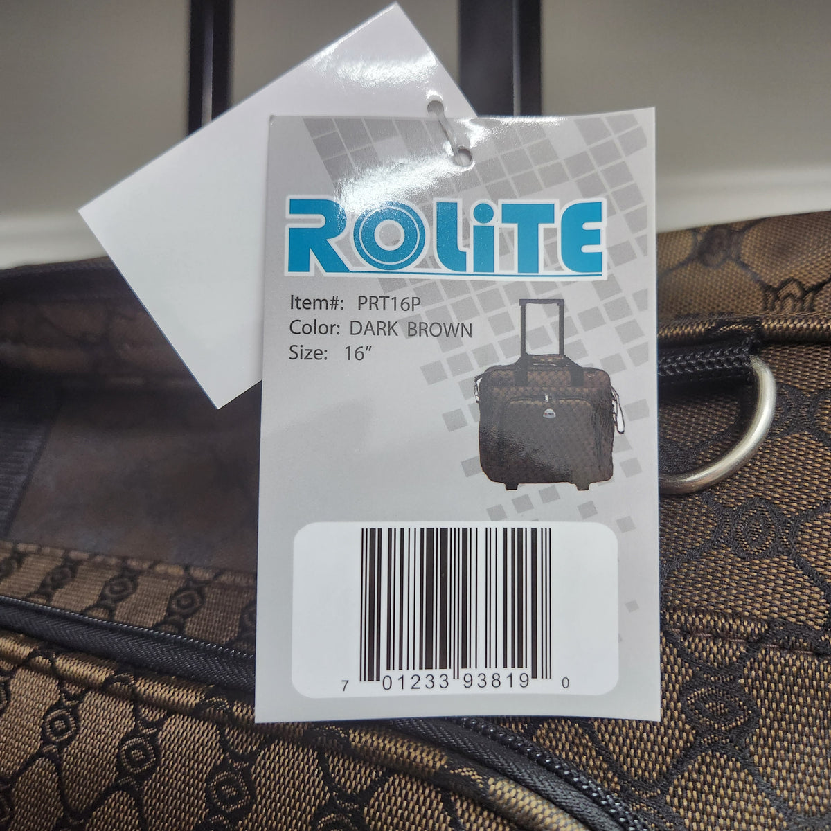 Rolite PRT16P 16 Inch Dark Brown Rolling Luggage Bag Monogram Pattern Wheeled Carry On New