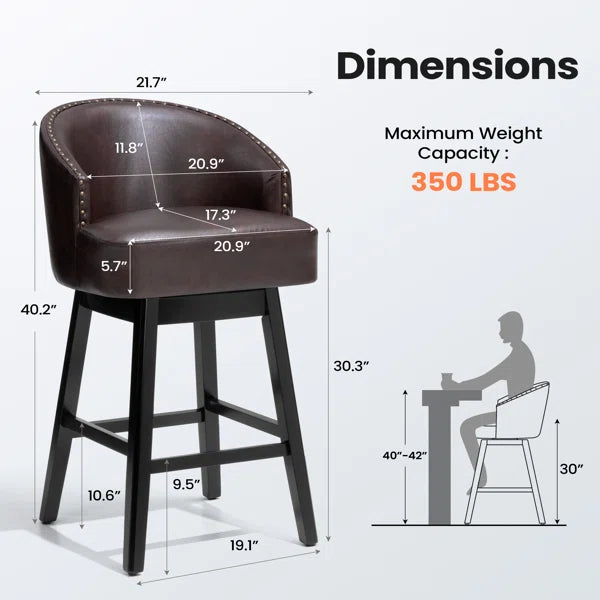30" Bar Height Swivel Faux Leather Bar Stools with Solid Wood Legs, Set of 2