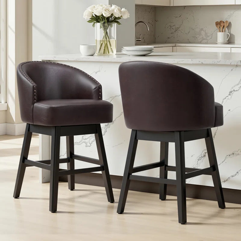 30" Bar Height Swivel Faux Leather Bar Stools with Solid Wood Legs, Set of 2