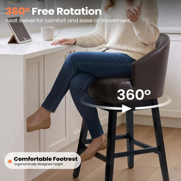 30" Bar Height Swivel Faux Leather Bar Stools with Solid Wood Legs, Set of 2